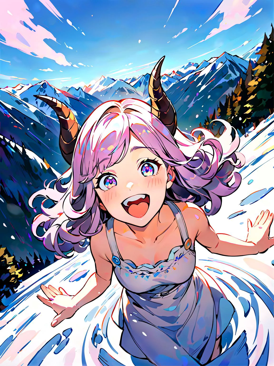 fisheye lens, pastel colors, painterly, portrait, 1girl, long wavy hair, curly ram's horns, making a snow angel, in the mountains, white sundress, laughing, excited, alps,