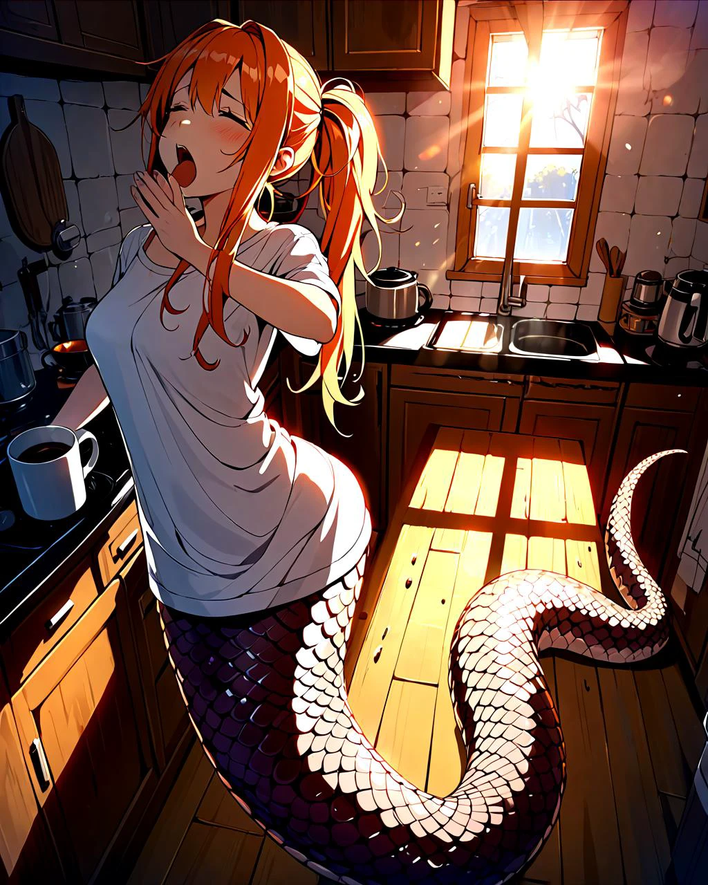 fisheye lens, lamia, 1girl, sleepy lamia girl in the kitchen, droopy eyes, yawning, steaming coffee mug in hand, messy hair, oversized shirt, long orange hair, extremely long tail behind her, lit by morning sun, backlit, western style kitchen,