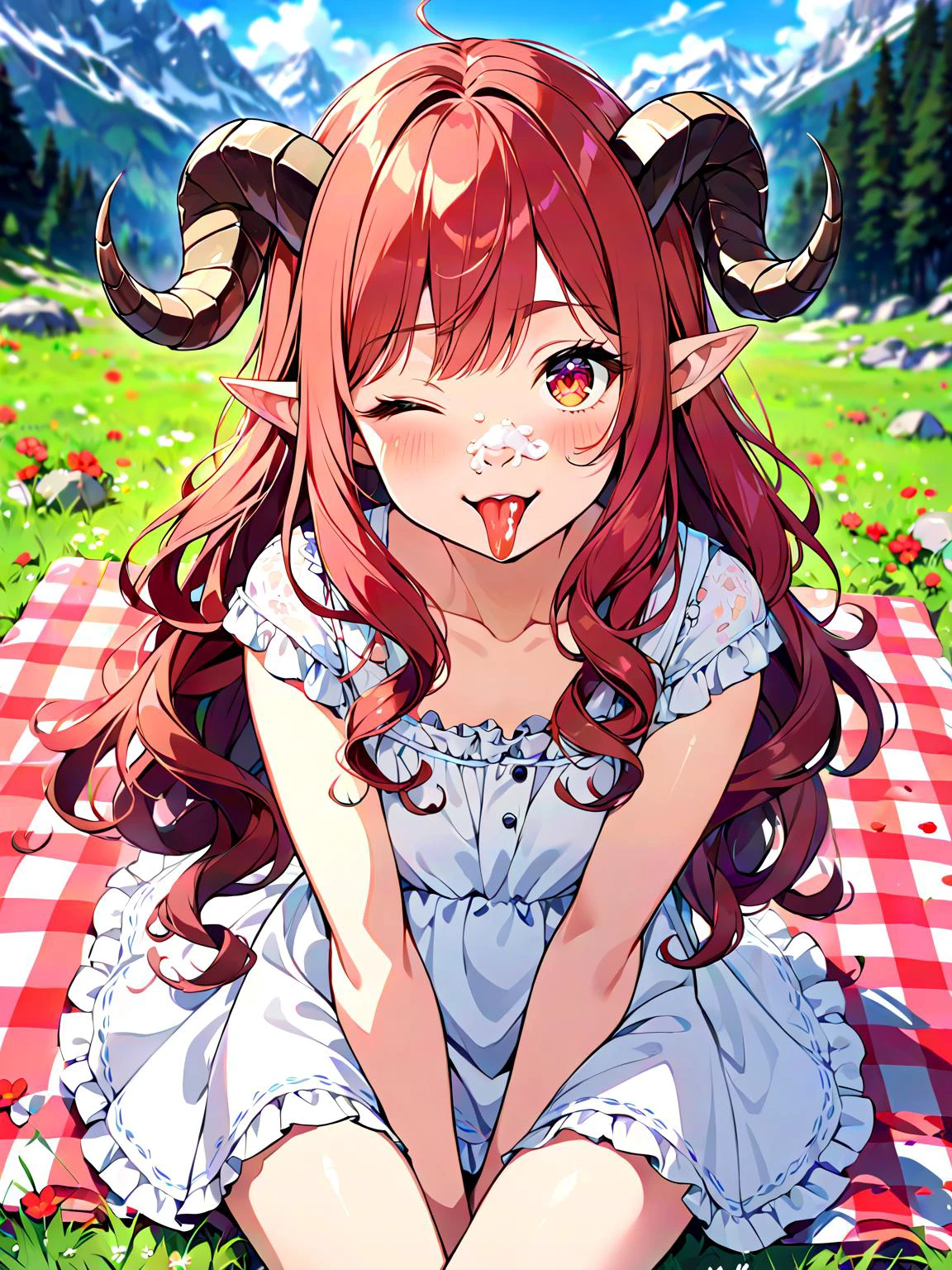 pov, looking at viewer, wide angle, 1girl, (long wavy hair, curly ram's horns, pointy ears:1.3), picnic, eyes crossed, cream on the tip of her nose, tongue out, cute, clumsy, one eye closed, sitting on blanket with checkered pattern, laid out , in the mountains, (white sundress:1.3), alps, a meadow covered in red flowers