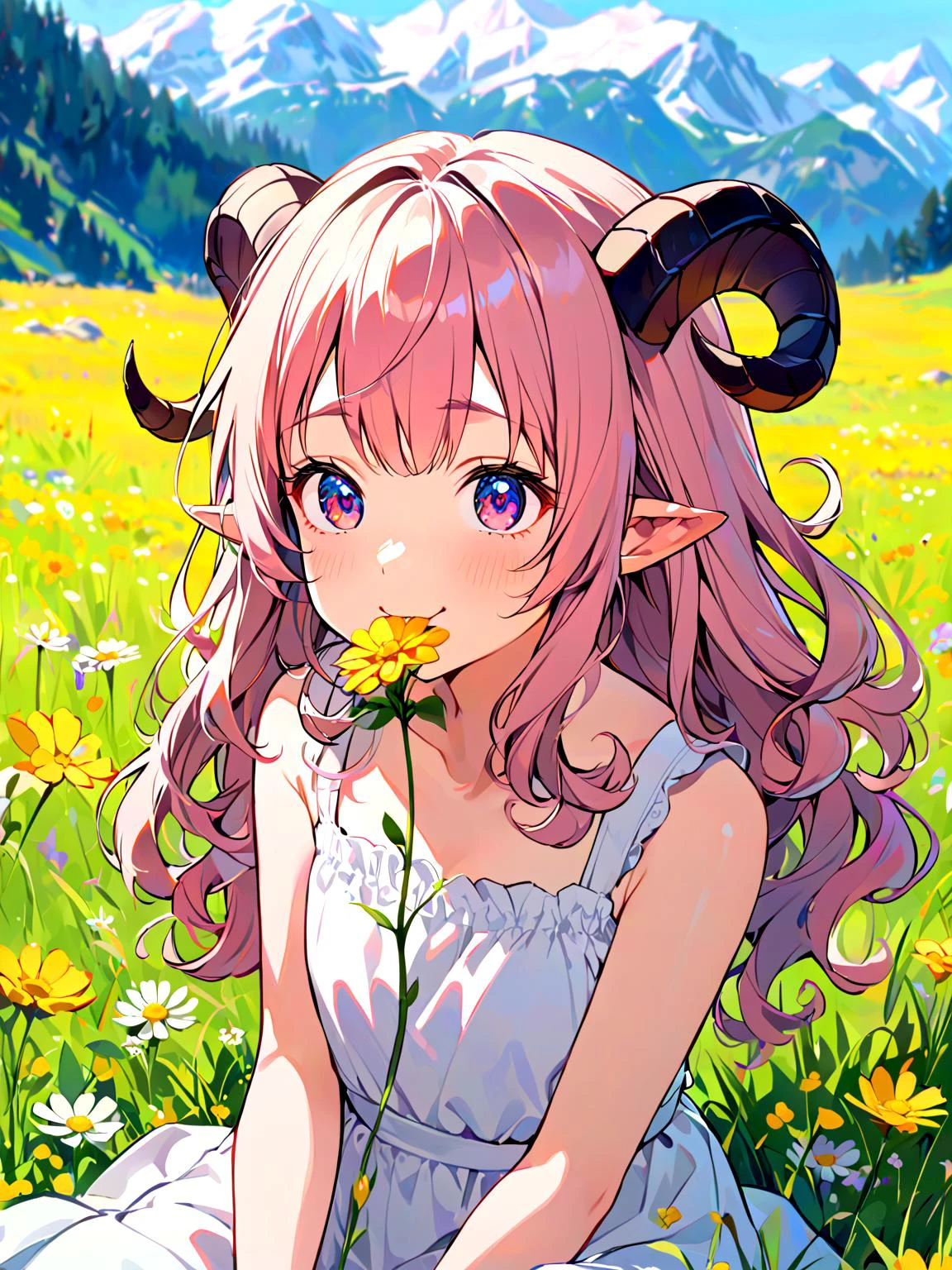 eye contact, pastel colors, painterly, portrait, 1girl, long wavy hair, curly ram's horns, pointy ears, sitting on the ground, in the mountains, white sundress, smug, yellow flower in mouth, alps, a meadow covered in wild flowers, (shiina_mahiru:aisaka taiga:0,5)