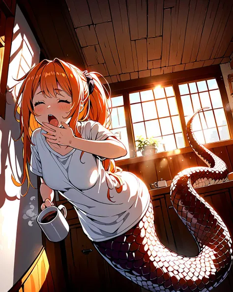 fisheye lens, lamia, 1girl, sleepy lamia girl in the kitchen, droopy eyes, yawning, steaming coffee mug in hand, messy hair, oversized shirt, long orange hair, extremely long tail behind her, lit by morning sun, backlit, western style kitchen with a large window, sleepy, cute, big tits,