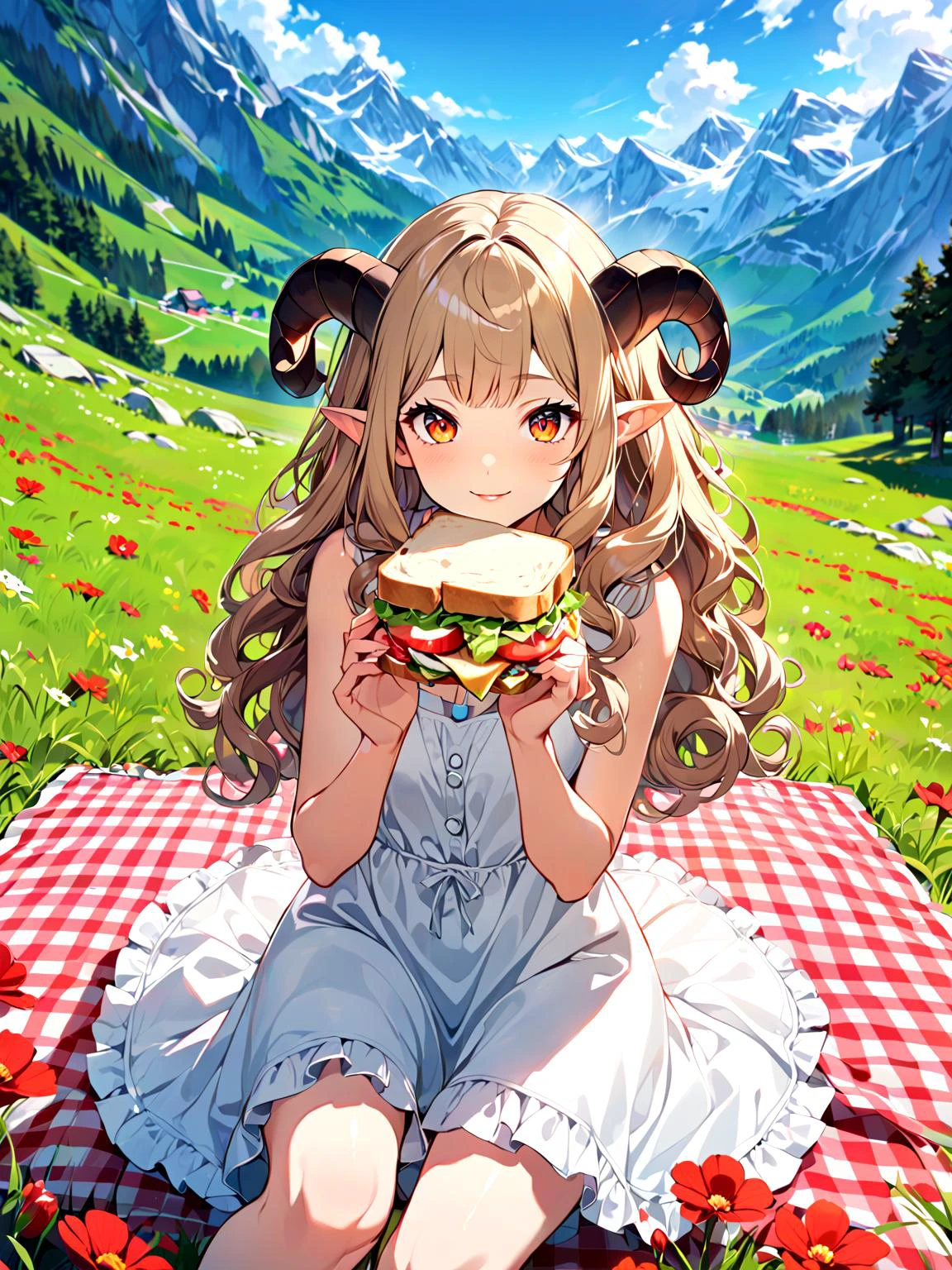 pov, looking at viewer, wide angle, 1girl, (long wavy hair, curly ram's horns, pointy ears:1.3), picnic, holding a sandwich, hand reaching out, sitting on blanket with checkered pattern, laid out , in the mountains, (white sundress:1.3), alps, a meadow covered in red flowers