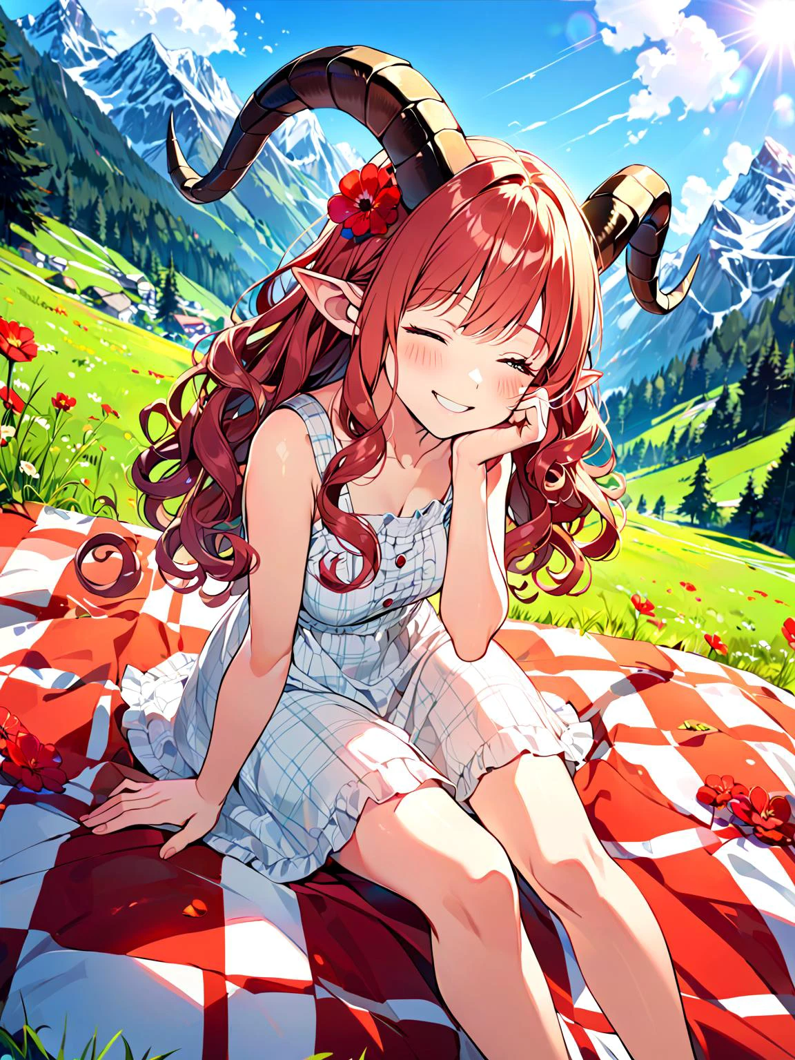 top down perspective, pov, wide angle, 1girl, (long wavy hair, curly ram's horns, pointy ears:1.3), picnic, laying head in hand, hand caressing cheek, happy, smiling, embarrassed, one eye closed, sitting on blanket with checkered pattern, laid out , in the mountains, (white sundress:1.3), alps, a meadow covered in red flowers