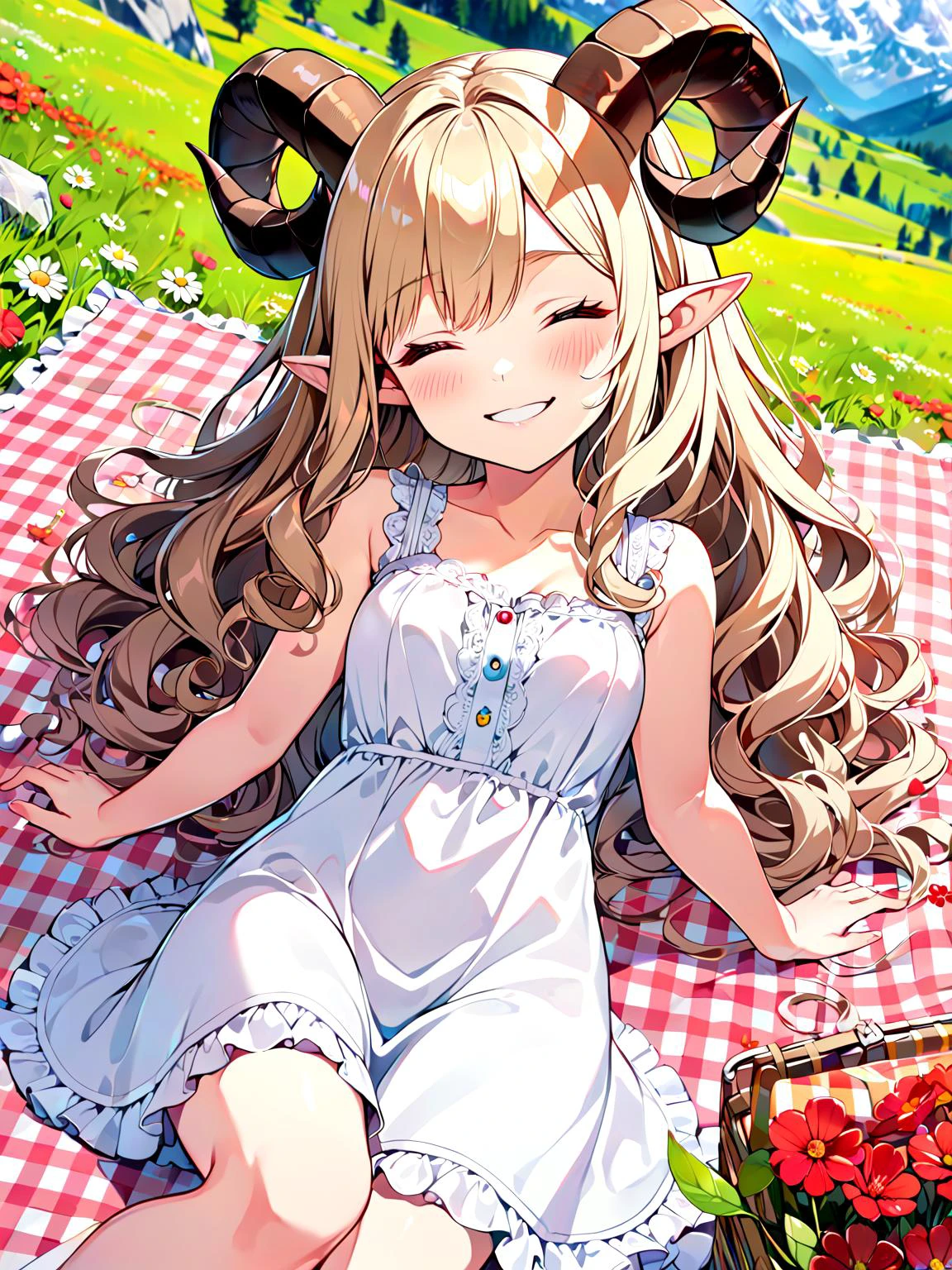 from abve, pov, wide angle, 1girl, (long wavy hair, curly ram's horns, pointy ears:1.3), picnic, laying on her back, happy, smiling, embarrassed, one eye closed, sitting on blanket with checkered pattern, laid out , in the mountains, (white sundress:1.3), alps, a meadow covered in red flowers