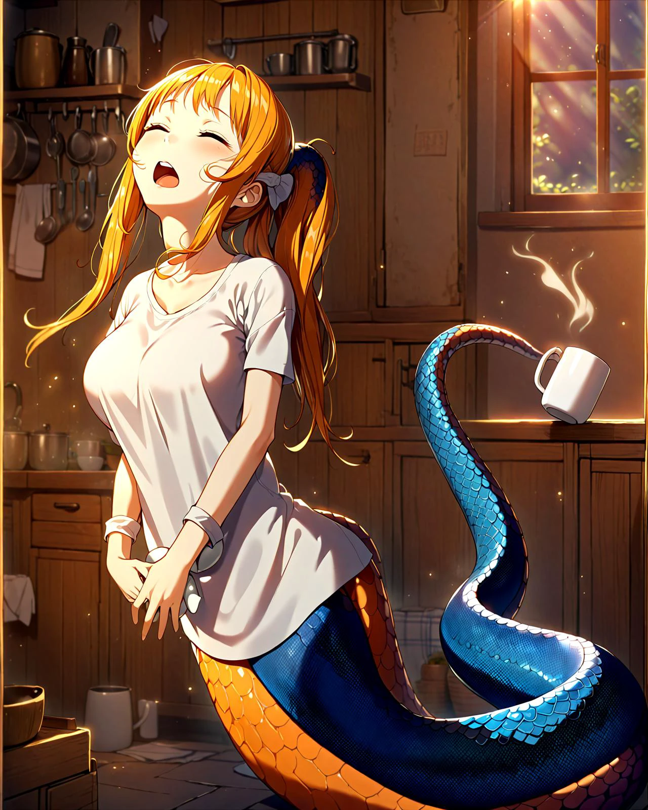 lamia, 1girl, sleepy lamia girl in the kitchen, droopy eyes, yawning, messy hair, oversized shirt, long orange hair, extremely long tail on the ground, blue scales, lit by morning sun, backlit, (western style kitchen with a large window:1.3), sleepy, cute, big tits, holding white coffee mug  with tail, sunshine on dust particles, hands holding hem of shirt