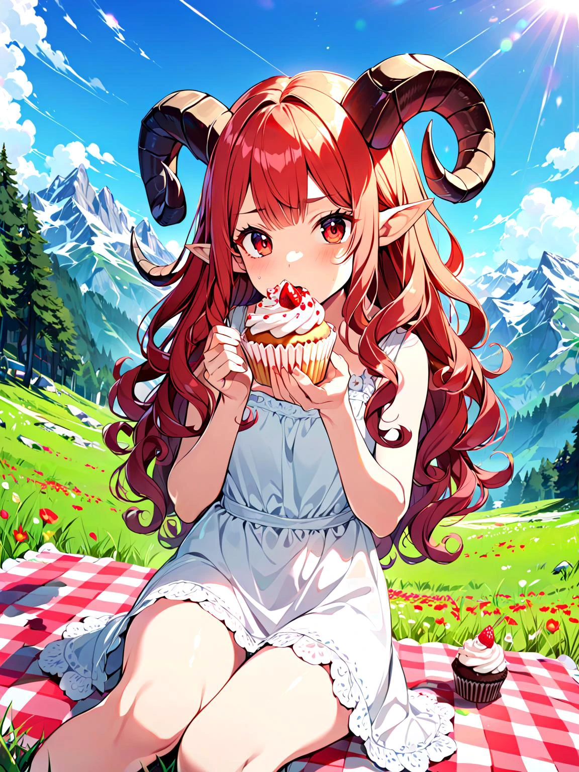 pov, looking at viewer, wide angle, 1girl, (long wavy hair, curly ram's horns, pointy ears:1.3), picnic, biting into cupcake, furrowed brows, cute, clumsy, sitting on blanket with checkered pattern, laid out , in the mountains, (white sundress:1.3), alps, a meadow covered in red flowers