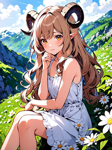 portrait, 1girl, long wavy hair, curly ram's horns, sitting in the mountains admiring a white flower, legs crossed, white sundress,