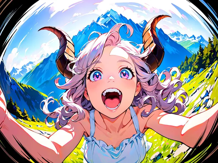 fisheye lens, pastel colors, painterly, portrait, 1girl, long wavy hair, curly ram's horns,  in the mountains, white sundress, laughing, excited, alps, vertigo