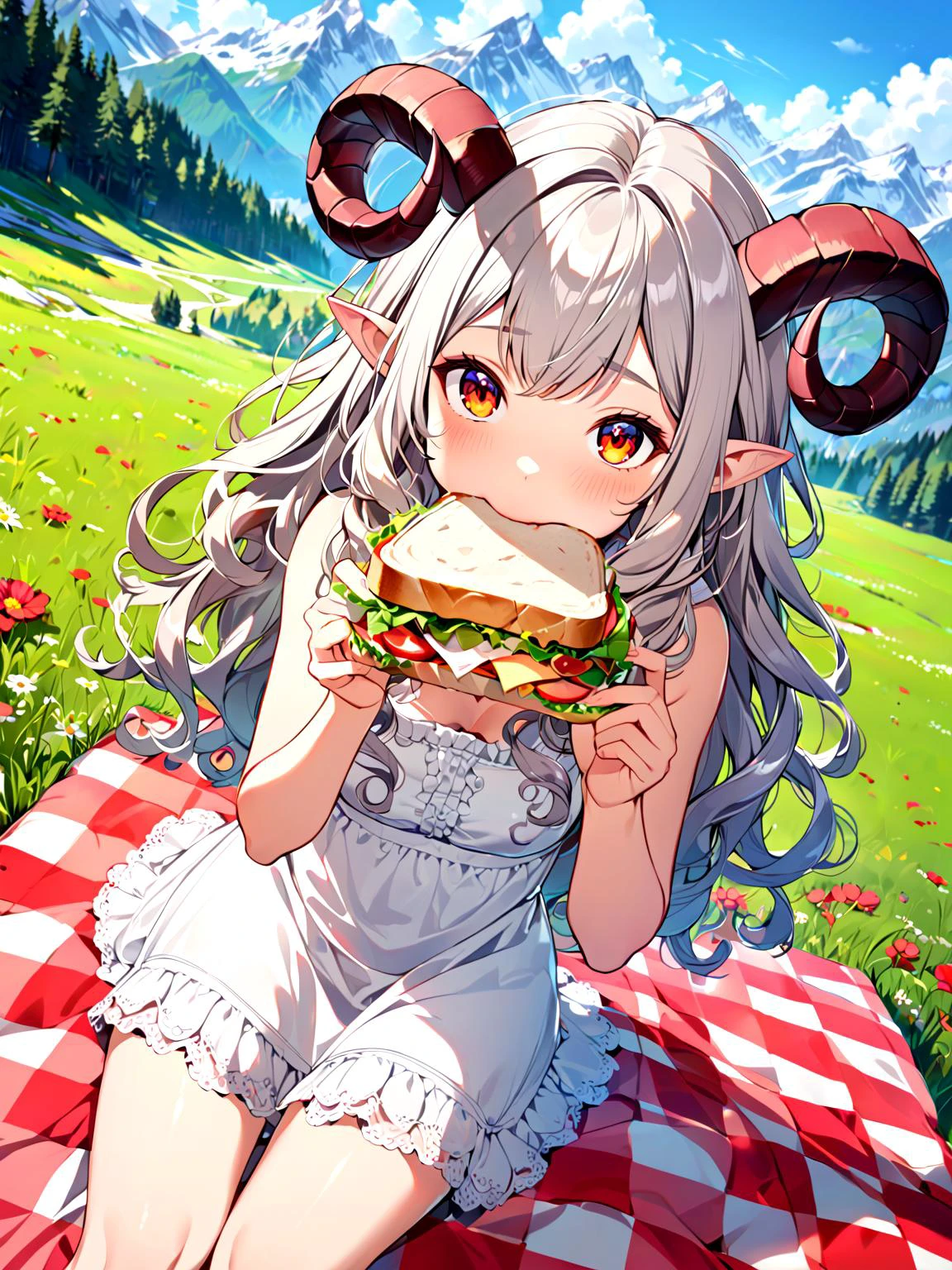 pov, looking at viewer, wide angle, 1girl, (long wavy hair, curly ram's horns, pointy ears:1.3), picnic, biting into a sandwich, sitting on blanket with checkered pattern, laid out , in the mountains, (white sundress:1.3), alps, a meadow covered in red flowers