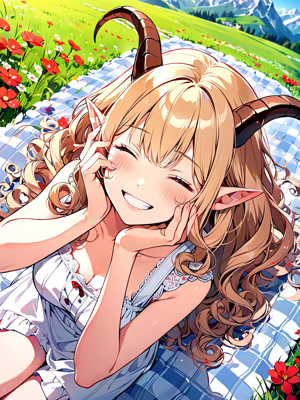 top down perspective, pov, wide angle, 1girl, (long wavy hair, curly ram's horns, pointy ears:1.3), picnic, laying head in hand, hand caressing cheek, happy, smiling, embarrassed, one eye closed, sitting on blanket with checkered pattern, laid out , in the mountains, (white sundress:1.3),  alps, a meadow covered in red flowers