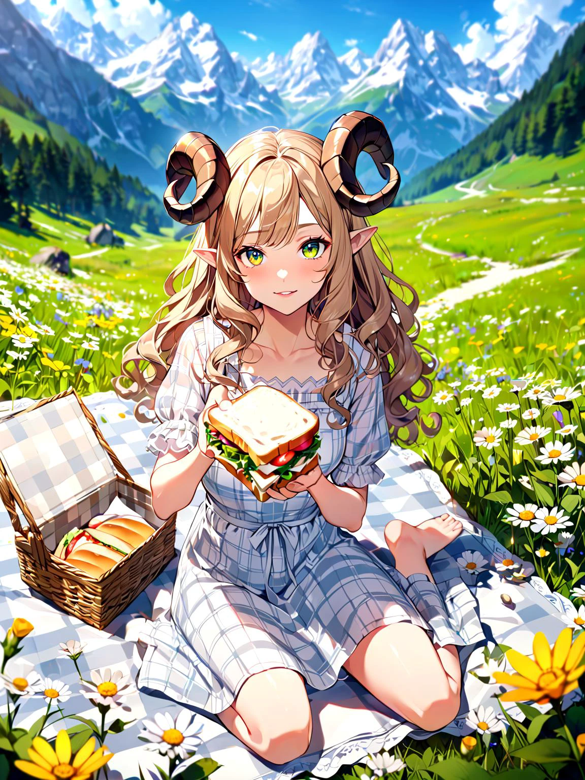 pov, looking at viewer, wide angle, 1girl, (long wavy hair, curly ram's horns, pointy ears:1.3), picnic, holding a sandwich, hand reaching out, sitting on blanket with checkered pattern, laid out , in the mountains, white sundress, alps, a meadow covered in wild flowers