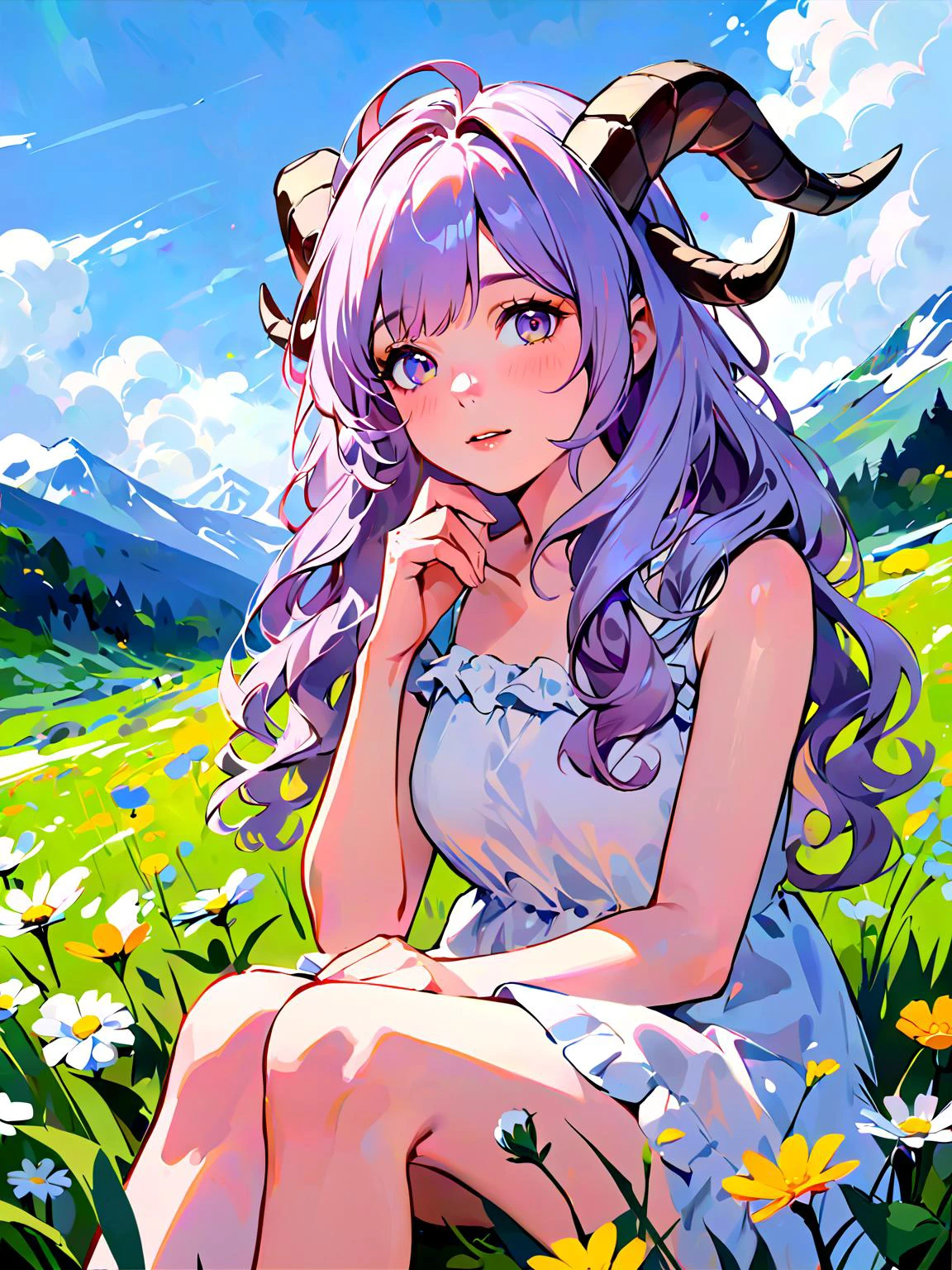 pastel colors, painterly, portrait, 1girl, long wavy hair, curly ram's horns, sitting in the mountains admiring a flower, legs crossed, white sundress, a meadow covered in wild flowers,