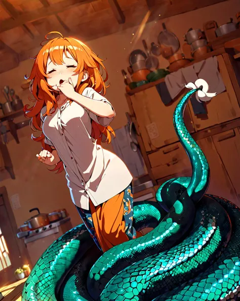 top down angle, lamia, 1girl, sleepy lamia girl in the kitchen, droopy eyes, yawning, messy hair, oversized shirt, long orange hair, extremely long tail behind her, red scales, lit by morning sun, backlit, western style kitchen with a large window, sleepy, cute, big tits, bigrbear,