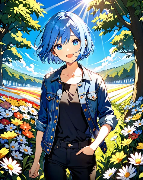 1girl, cowboy shot, standing, short hair, blue hair, blue eyes, blue jacket, denim jacket, open jacket, sleeves rolled up, black shirt, black pants, collarbone, open mouth, smile, nature, flower field, tree, blue sky, sunlight