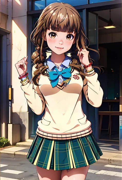 (masterpiece, best quality), 1girl, <lora:Nanashima-Aoi:0.8>nanashimaaoiy, light brown hair, low twintails, blunt bangs, drill hair, long hair, brown eyes, yellow sweater, blue bowtie, white shirt, long sleeves, bracelet, green skirt, pleated skirt, school uniform