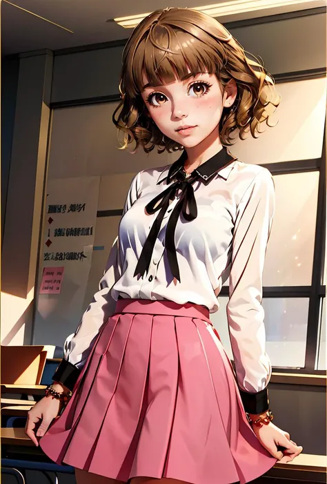 (masterpiece, best quality), 1girl, <lora:Nanashima-Aoi:0.8> nanashimaaoim, light brown hair, blunt bangs, wavy hair, short hair, brown eyes, teacher, white shirt, neck ribbon, black ribbon, long sleeves, bracelet, jewelry, pink skirt, pleated skirt,