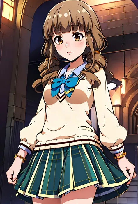 (masterpiece, best quality), 1girl, <lora:Nanashima-Aoi:0.8>nanashimaaoiy, light brown hair, low twintails, blunt bangs, drill hair, long hair, brown eyes, yellow sweater, blue bowtie, white shirt, long sleeves, bracelet, green skirt, pleated skirt, school uniform