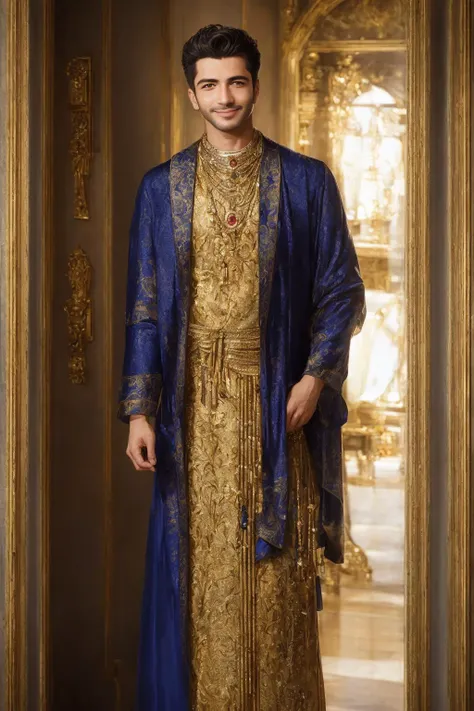 Masterpiece, highest quality, 8k, hdr, (head to toe:1.4), RAW digital establishing shot of a fit Greek man standing proudly, smiling frankly at viewer, expensive traditional clothes, discrete jewelry, living room, intricate details, at dusk, Artificial lighting and light from sunset coming from outside the frame, realistic lighting, dynamic colors from lighting, hyperrealistic