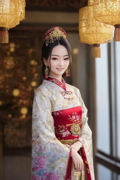 Masterpiece, highest quality, 8k, hdr, (head to toe:1.4), RAW digital model shot portrait of a stunning young chinese woman standing proudly, smiling mysteriously at viewer, expensive traditional clothes, hair adornments, discrete jewelry, imperial city, intricate details, at dusk, lighting from lanterns and sunset coming from outside the frame, realistic lighting, dynamic colors from lighting, hyperrealistic