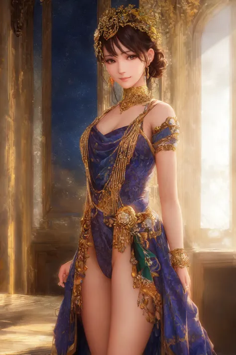 Masterpiece, highest quality, 8k, hdr, (head to toe:1.4), RAW digital establishing shot of a young Xanthian woman standing proudly, full-bodied, delicate body and face, smiling mockingly at viewer, expensive trending clothes, hair adornments, discrete jewelry, school, intricate details, at dusk, lighting from interior fixtures and sunset coming from outside the frame, realistic lighting, dynamic colors from lighting, hyperrealistic