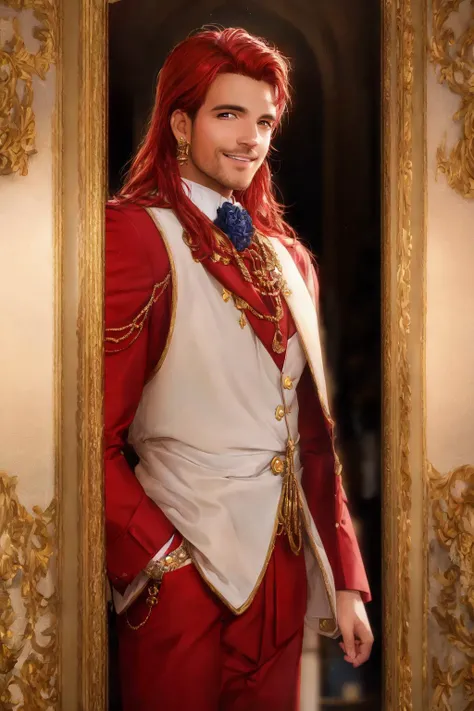 Masterpiece, highest quality, 8k, hdr, RAW digital wide shot of a charming Dominican man standing proudly, reddish hairs, smiling lightly at viewer, expensive trending clothes, discrete jewelry, club, intricate details, at dusk, Artificial lighting and light from sunset coming from outside the frame, realistic lighting, dynamic colors from lighting, hyperrealistic