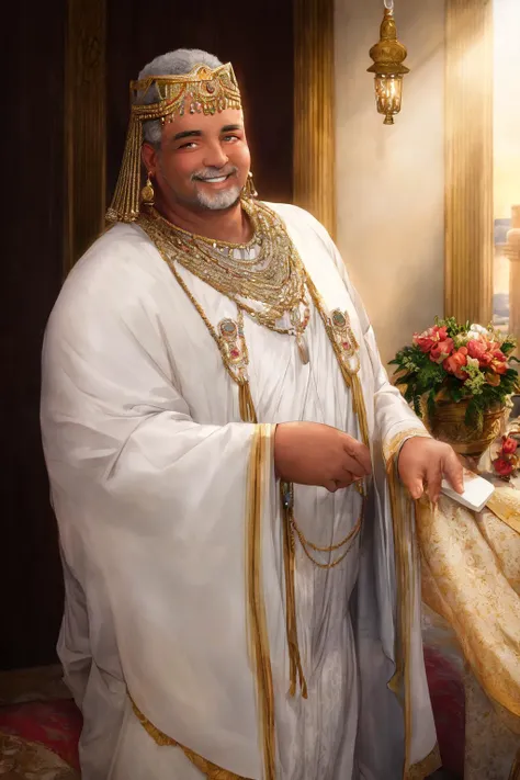 Masterpiece, highest quality, 8k, hdr, RAW digital high shot of a obese Theban man standing proudly, light gray hairs, smiling tightly at viewer, expensive traditional clothes, discrete jewelry, club, intricate details, at dusk, Artificial lighting and light from sunset coming from outside the frame, realistic lighting, dynamic colors from lighting, hyperrealistic