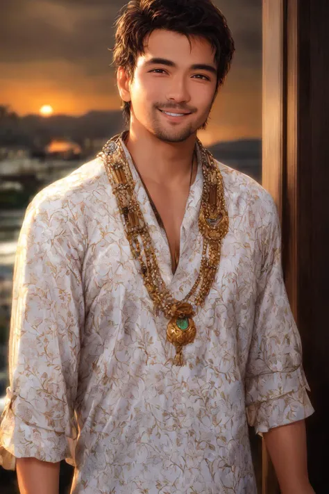 Masterpiece, highest quality, 8k, hdr, RAW digital portrait of a desirable Nauruan man standing proudly, light brown hairs, smiling gently at viewer, expensive designer clothes, discrete jewelry, airport, intricate details, at dusk, Artificial lighting and light from sunset coming from outside the frame, realistic lighting, dynamic colors from lighting, hyperrealistic