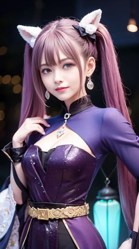 keqing (lantern rite) (genshin impact), keqing (genshin impact), hair bun, purple hair, purple eyes, diamond-shaped pupils, hair ornament, (smile), breasts, cone hair bun, long hair, belt, double bun, long sleeves, bangs, bow, hair flower, hair bow,ribbon, hair ribbon, ultra realistic,, lantern rite, night, Lantern light, Bloom, earrings, ((twintails)), ((purple eyes)), looking at viewer, night, lantern light, <lora:keqingGenshinImpact3in1_v10:0.5> <lora:goutouLora_v25:0.4>