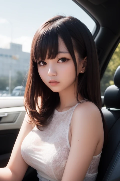 best quality, masterpiece, 1girl,  upper body, car