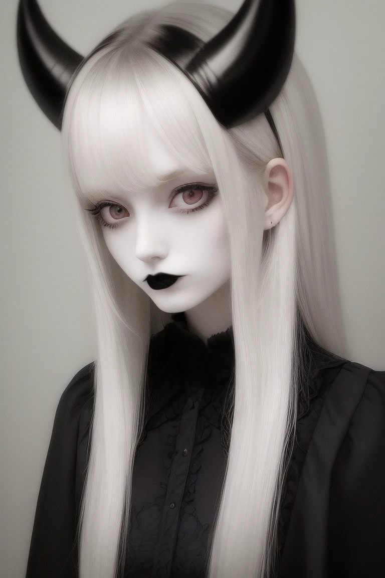 best quality, masterpiece, 1girl, upper body, pale skin, goth, long hair, small devil horns,