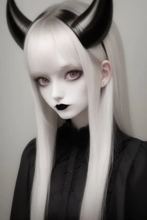 best quality, masterpiece, 1girl, upper body, pale skin, goth, long hair, small devil horns,