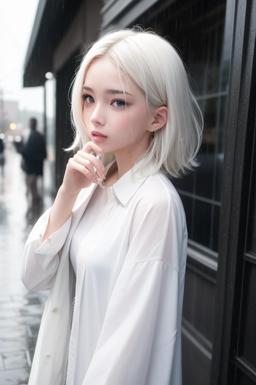 best quality, masterpiece, one shot, White hair, blue eyes, raining street, rain drops, portrait, hair fluttering, wet face, wet hair, white shirt, oversized coat, medium shot