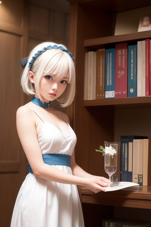 best quality, masterpiece, one shot, White hair, bangs, blue eyes, bookshelf, hair fluttering, Japanese maid outfit, medium shot, collar, chaplet, holding plate