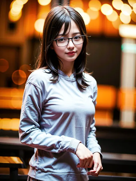 (8k, RAW photo, best quality, masterpiece:1.2), (realistic, photo-realistic:1.37), best quality, ultra high res, photon mapping, radiosity, physically-based rendering, 1girl, ((glasses)), ((hoodie)), ((sweatpants)), naughty face, cute, (laughing), (happy), (Kpop idol), (aegyo sal:1), ((puffy eyes)), looking at viewer, posing, (full body), large breasts, busty, cityscape, night, (bokeh:1.4), photographed with a nikon d850, Nikon AF-S nikkor 58mm f/1.4G lens, by Laurence Demaison, ((wink)), ((hair blown by air)) , <lora:japaneseDollLikeness_v10:0.5>