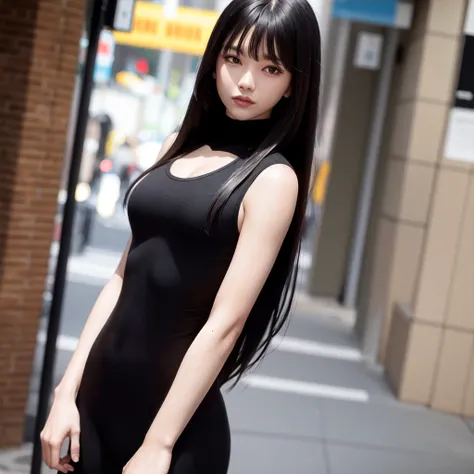 best quality, masterpiece, one shot, black hair, long hair, bangs, brown eyes, confidence, flowing hair, (black bodysuit), full shot, busy street