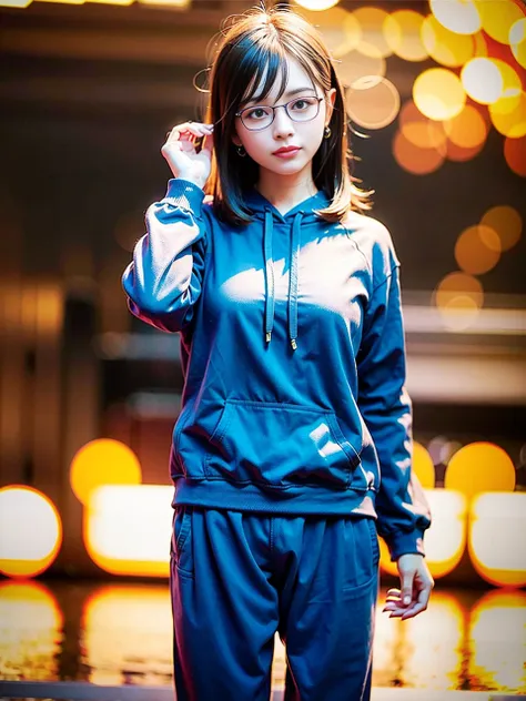 (8k, RAW photo, best quality, masterpiece:1.2), (realistic, photo-realistic:1.37), best quality, ultra high res, photon mapping, radiosity, physically-based rendering, 1girl, ((glasses)), ((hoodie)), ((sweatpants)), naughty face, cute, (laughing), (happy), (Kpop idol), (aegyo sal:1), ((puffy eyes)), looking at viewer, posing, (full body), large breasts, busty, cityscape, night, (bokeh:1.4), photographed with a nikon d850, Nikon AF-S nikkor 58mm f/1.4G lens, by Laurence Demaison, ((wink)), ((hair blown by air)) , <lora:japaneseDollLikeness_v10:0.5>