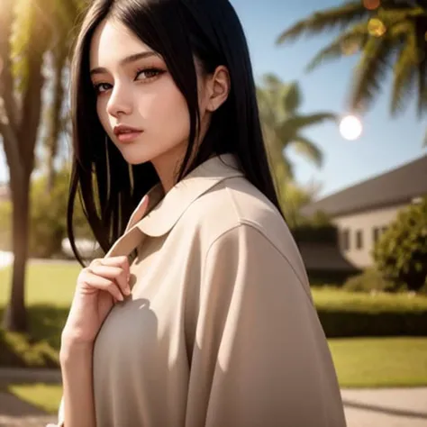 best quality, masterpiece, girl, Dark hair, dark eyes, home, sun shining, shiny skin, sun flare