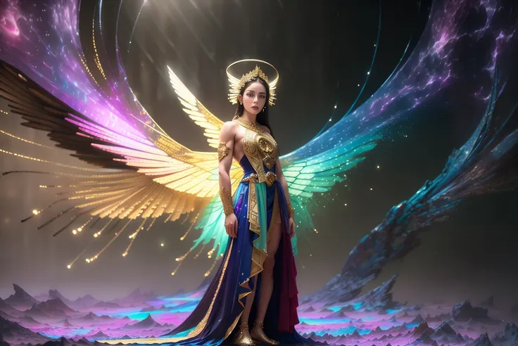 best quality, masterpiece, full shot, (full body:1.2), Hip level shot of (fit beautiful female winged greek wizard wearing ornate blue and gold dress) 1girl, brown hair, blue eyes, long hair, floating above the world in space, posing, power pose, halo, (golden_glow:0.8) (white (angel:0.7) (violet rainbow_butterfly_wings:1.1) attached to her shoulder blades:1.1), haughty expression, looking into the distance, standing in an intricate detailed vivid starfield, comets and (psychedelic nebula:1.2) in background, (ripped:0.3) and toned body, (muscular female:1.0), (dark night:1.2), vivid vibrant (dark:1.2) detailed HDR galactic background, outer space, (god rays:0.4), streaks of light, side lighting, vibrant colors (photorealistic:1.2), (film grain:1.0), Highly detailed, cinematic IMAX film still, <hypernet:mjv4Hypernetwork_v1:0.75> <hypernet:sxzBloom:0.75> <hypernet:sxzCinematic_1000Strongest:0.75>