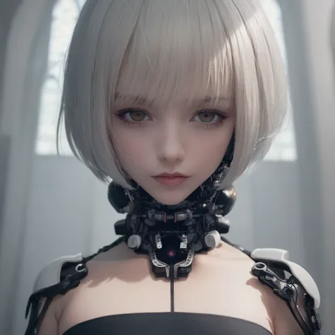 masterpiece, best quality, 8k, RAW, High Detail, a grim portrait of a girl with intricate angular cybernetic implants inside a brutalist building, gothic brutalist cathedral, cyberpunk, award winning photo, bokeh, cybernetic limb, (white short hair:1.5), Detail skin,