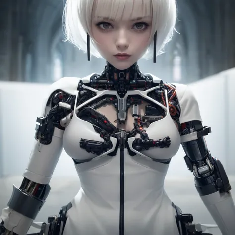 masterpiece, best quality, 8k, RAW, High Detail, a grim portrait of a girl with intricate angular cybernetic implants inside a brutalist building, gothic brutalist cathedral, cyberpunk, award winning photo, bokeh, cybernetic limb, (white short hair:1.5), Detail skin,