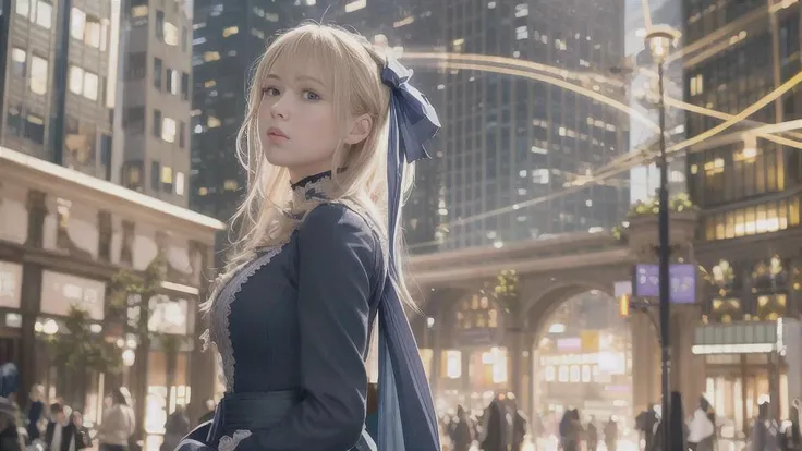 violet_evergarden, highres, highest quallity, illustration, cinematic light, ultra detailed, detailed face, (detailed eyes), best quality, hyper detailed, masterpiece, (detailed face),1girl, blonde hair, blue eyes, highest details, luminous eyes, medium breasts, backlighting, light rays, (high contrast), (colorful), ribbon, jewellery, jacket, dress, gem, hair_ribbon <lora:violetEvergarden_v10:0.7>, windy, detailed background, Location: bustling cityscape, with tall buildings and busy streets. The sky is a hazy shade of blue. People hurry past, going about their day.The scene captures the energy and vitality of city life.