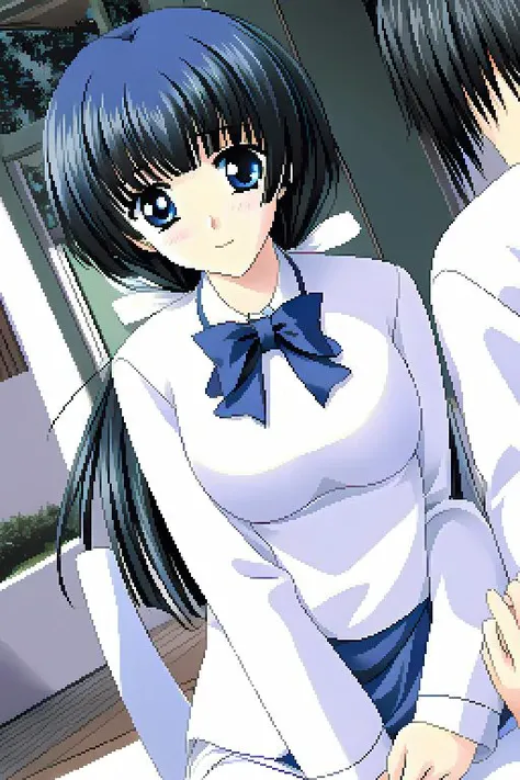 mayuzumi yukie, 1girl, best quality, masterpiece, dark blue eyes, white school uniform, <lora:Mayuzumi_Yukie-15:0.6>, <lora:style_pc98GalgameElfRetroSemi_v10:0.8>