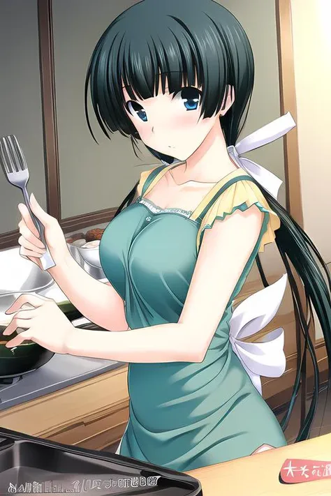 mayuzumi yukie, 1girl, best quality, masterpiece, dark blue eyes, confused, green top, green hot pants, white apron, kitchen, cooking, <lora:Mayuzumi_Yukie-15:0.7>