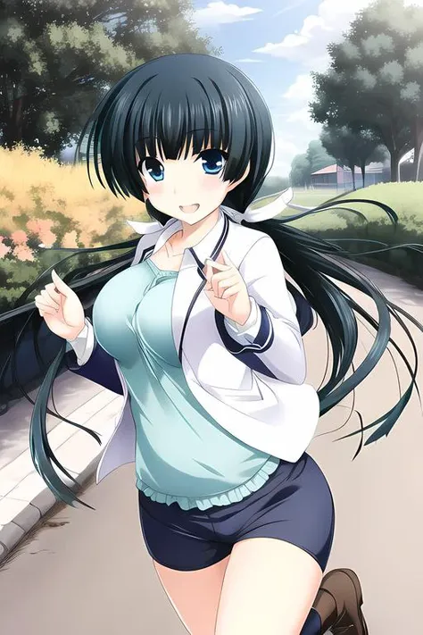 mayuzumi yukie, 1girl, best quality, masterpiece, dark blue eyes, smile, running towards viewer, <lora:Mayuzumi_Yukie-15:0.7>