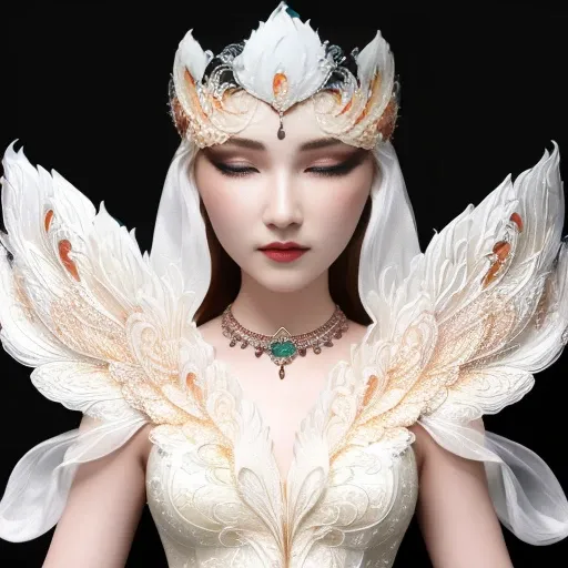 bestquality,masterpiece,highres,chinadress,hairornament,necklace,jewelry,Beautifulface,full_body,tyndalleffect,photorealistic,darkstudio,rimlighting,twotonelighting,(highdetailedskin:1.2),8kuhd,dslr,softlighting,highquality,mju, a white mask with a bird on it<lora:mju-10:1.2>