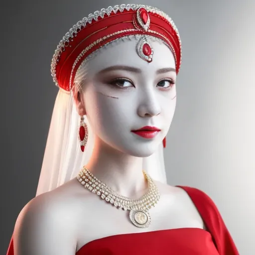 bestquality,masterpiece,highres,chinadress,hairornament,necklace,jewelry,Beautifulface,full_body,tyndalleffect,photorealistic,darkstudio,rimlighting,twotonelighting,(highdetailedskin:1.2),8kuhd,dslr,softlighting,highquality,mju, a white mask with a red eye and a white face<lora:mju-10:1>