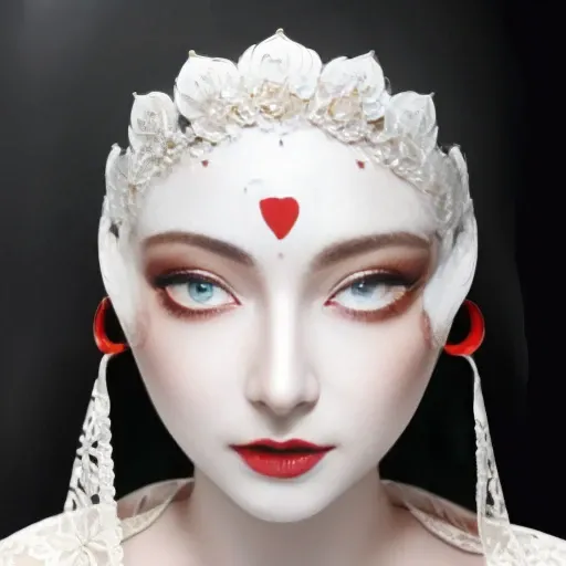 bestquality,masterpiece,highres,chinadress,hairornament,necklace,jewelry,Beautifulface,full_body,tyndalleffect,photorealistic,darkstudio,rimlighting,twotonelighting,(highdetailedskin:1.2),8kuhd,dslr,softlighting,highquality,mju, a white mask with a red eye and a white face<lora:mju-10:1>
