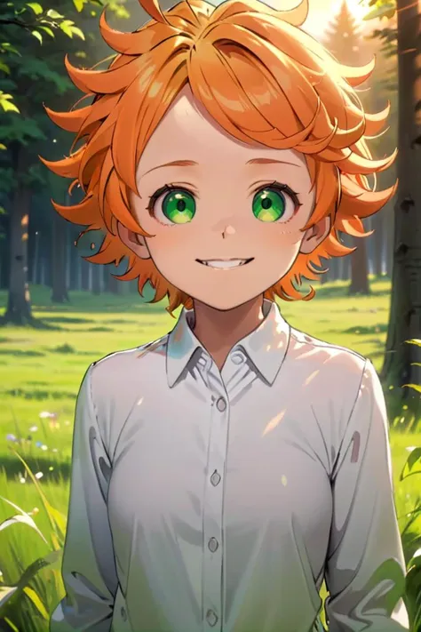 <lora:neverland-emma-000008:0.7>
a girl neverland_emma standing on a beautiful green field with trees in the background,
she has green eyes, short hair and wears a long sleeved white collared shirt, she has orange hair
she has a bright smile, a wooden cabin is in the background
the sun is setting, 
The soft lighting and detailed surroundings create an immersive environment where imagination runs wild hyper-detailed,
hyper-detailed face, high quality visuals, dim Lighting, sharply focused, octane render, 8k UHD