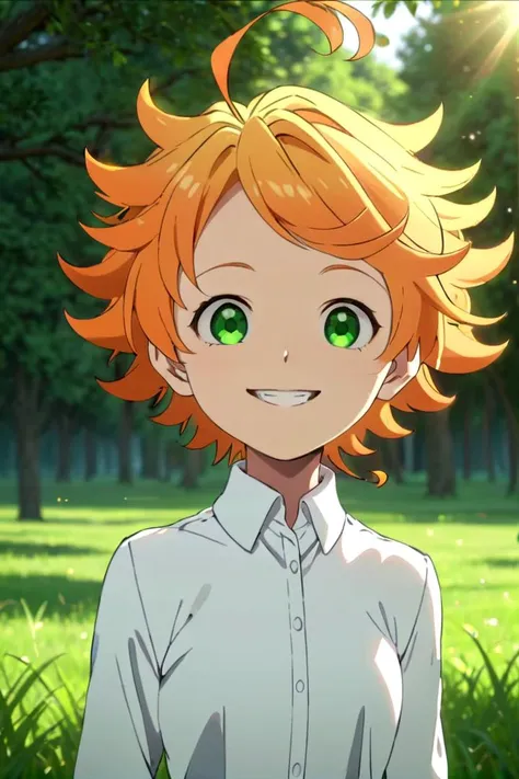 <lora:neverland-emma-000008:0.7>
a girl neverland_emma standing on a beautiful green field with trees in the background,
she has green eyes, short hair and wears a long sleeved white collared shirt, she has orange hair
she has a bright smile,
the sun is setting,
The soft lighting and detailed surroundings create an immersive environment where imagination runs wild hyper-detailed,
hyper-detailed face, high quality visuals, dim Lighting, sharply focused, octane render, 8k UHD