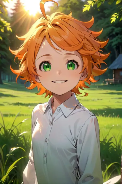 <lora:neverland-emma-000008:0.7>
a girl neverland_emma standing on a beautiful green field with trees in the background,
she has green eyes, short hair and wears a long sleeved white collared shirt, she has orange hair
she has a bright smile, a wooden cabin is in the background
the sun is setting, 
The soft lighting and detailed surroundings create an immersive environment where imagination runs wild hyper-detailed,
hyper-detailed face, high quality visuals, dim Lighting, sharply focused, octane render, 8k UHD